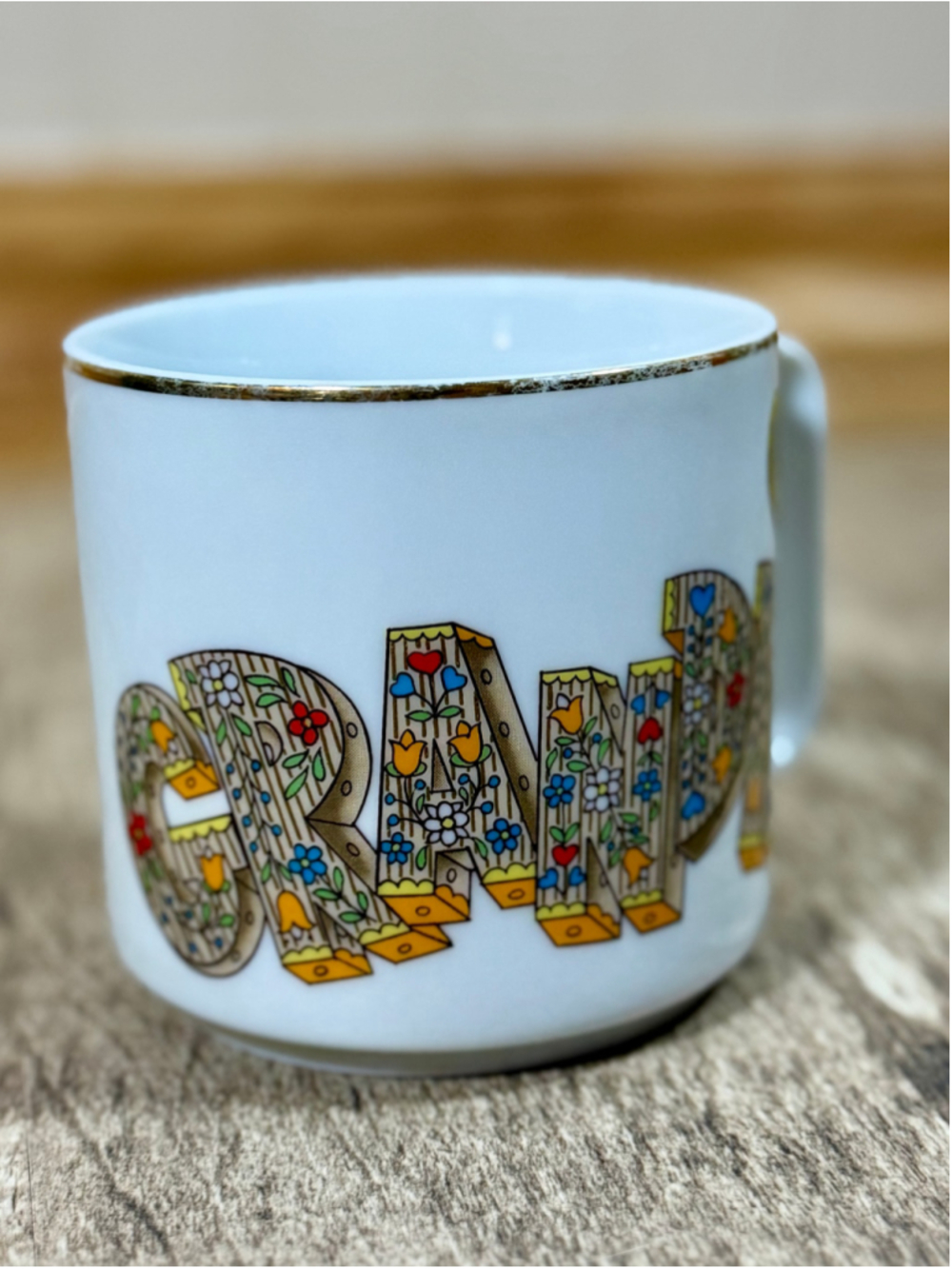Vintage 1984 Lefton China Grandpa Coffee Mug Floral Faux Wood Letters Gold Trim